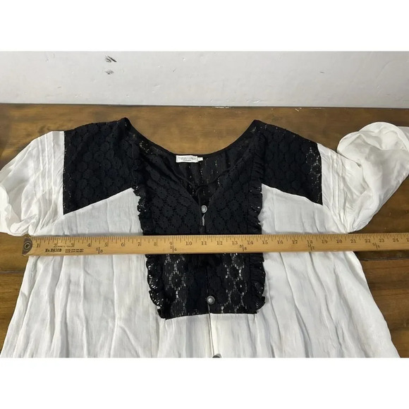 Tasha Polizzi Lace Trimmed V-Neck Loose Fit Sheer White Black Blouse - Picture 10 of 16